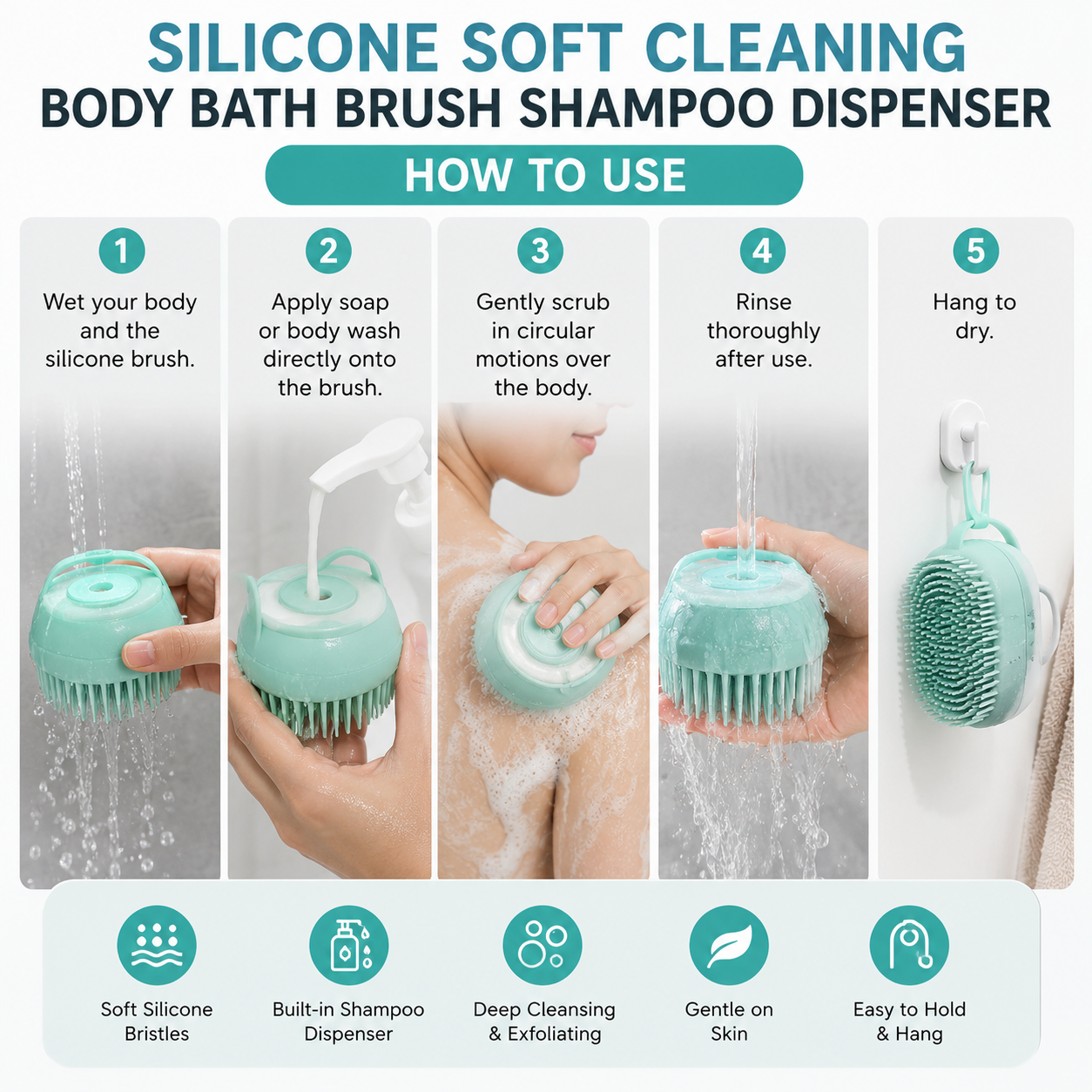 Silicone Soft Cleaning Body Bath Brush Shampoo Dispenser